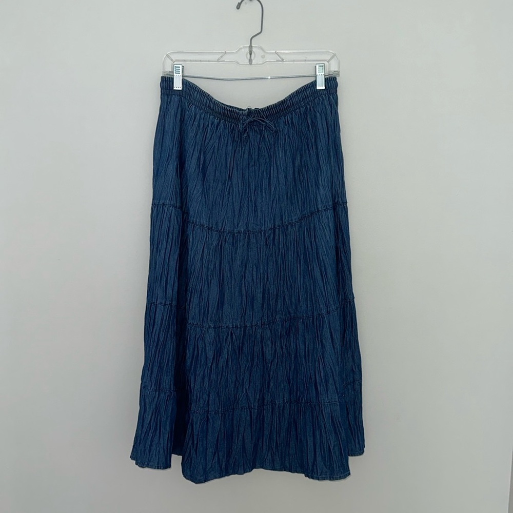 Elastic tie waist women’s flowy denim blue skirt with beaded details